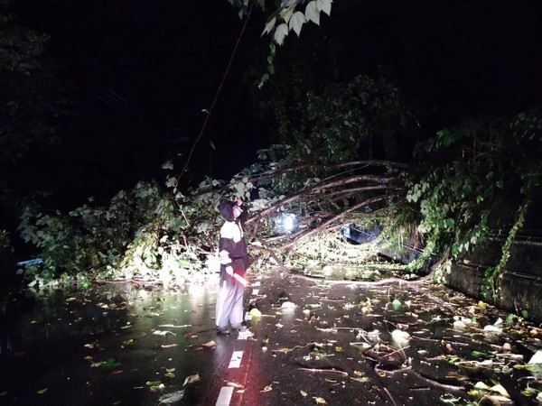 ▲▼谷關山坡不敵豪雨沖刷，上百公斤土石滾落險砸人車。（圖／警方提供）