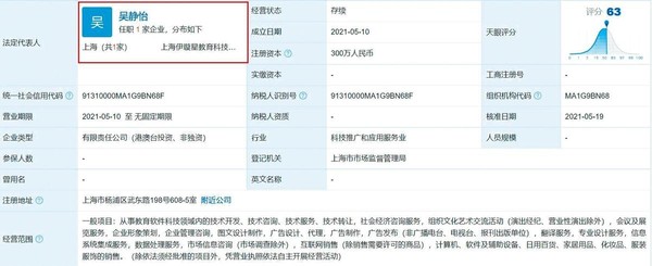 本名吳靜怡的伊能靜，5月注資人民幣261萬元成立「上海伊璇星教育科技有限公司」，疑似是為力捧兒子出道做準備。（翻攝自天眼查）