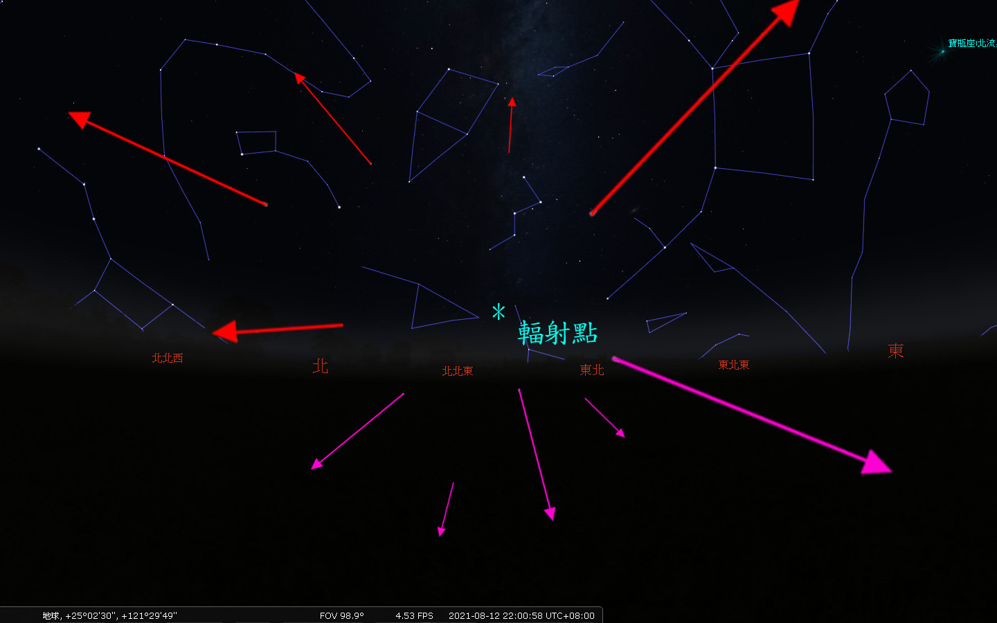 ▲▼英仙座流星雨輻射點位置示意圖。（圖／天文館提供）
