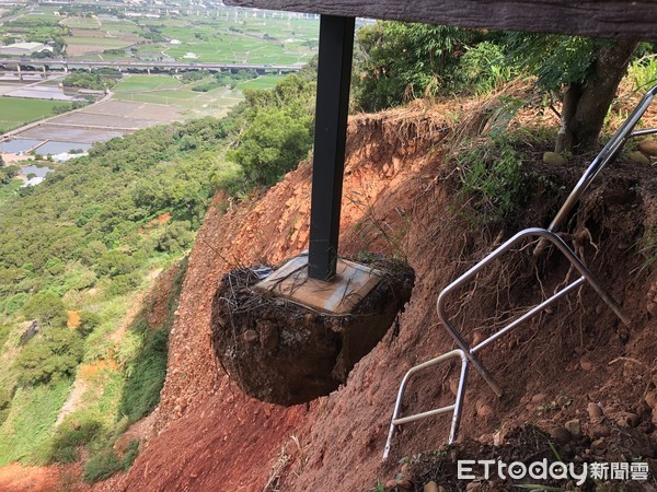 ▲大雨沖刷邊坡崩塌，大甲鐵砧山瞭望台地基消失樑柱懸空　民眾：像踩翹翹板。（圖／市議員吳敏濟提供）