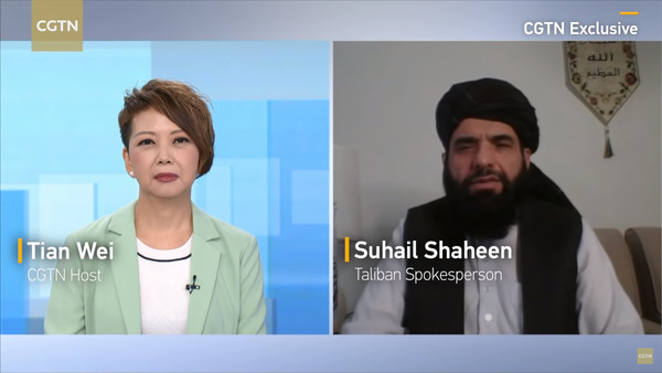 ▲▼塔利班發言人夏亨（Suhail Shaheen）接受中國官媒環球電視網（CGTN）專訪。（圖／翻攝自YouTube／CGTN）