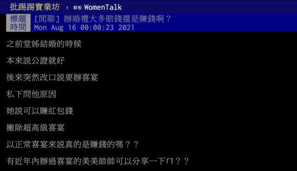 ▲▼網友在PTT上好奇詢問，辦婚宴通常是賠錢還是賺錢？（圖／翻攝自PTT）