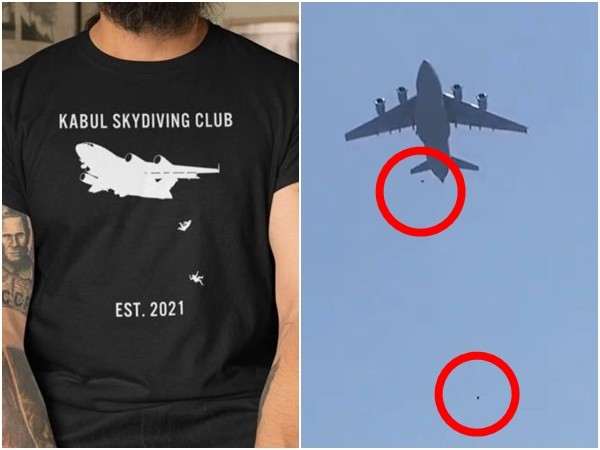 ▲▼有商家透過網路販賣喀布爾機場難民自高空墜落的圖案T-shirt。（組圖／翻攝自Tshirt at Low Price購物網站、推特@Datoworld）