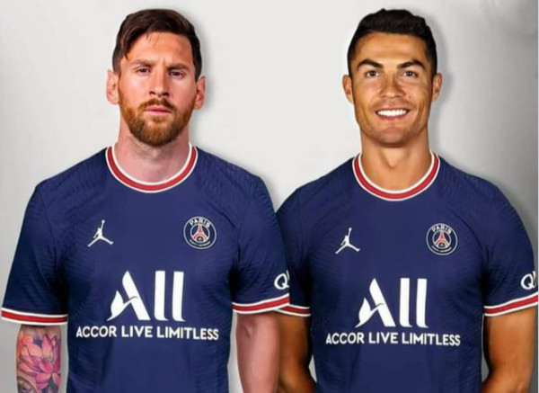 ▲C.羅納度遭改圖穿上巴黎聖日耳曼球衣(右)、梅西(左)。（圖／翻自推特）