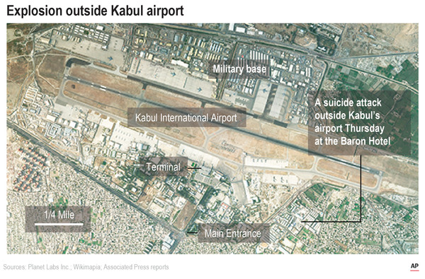 ▲▼ 美聯社整理出，阿富汗喀布爾機場自殺炸彈攻擊爆炸事件位置圖。（圖／達志影像／美聯社）