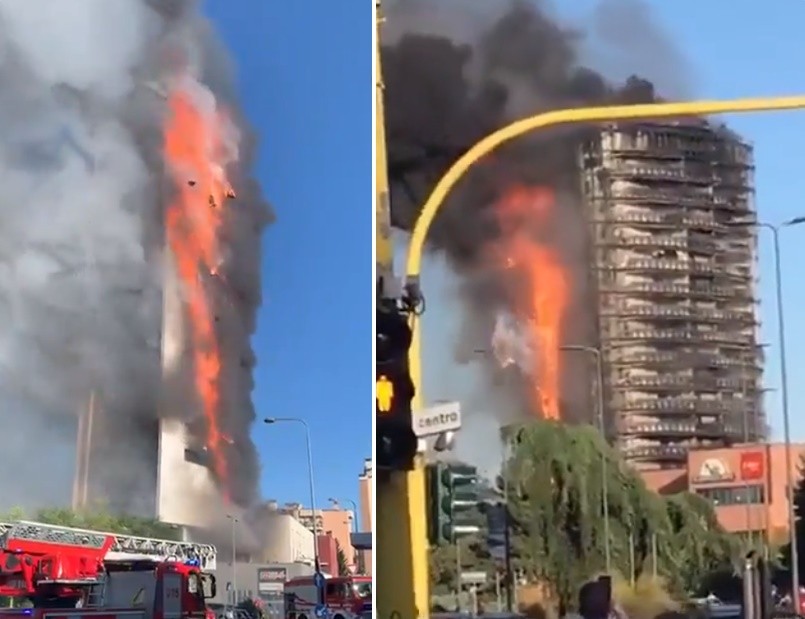 ▲▼ 義大利米蘭20層樓高住宅發生大火。（圖／翻攝自推特）