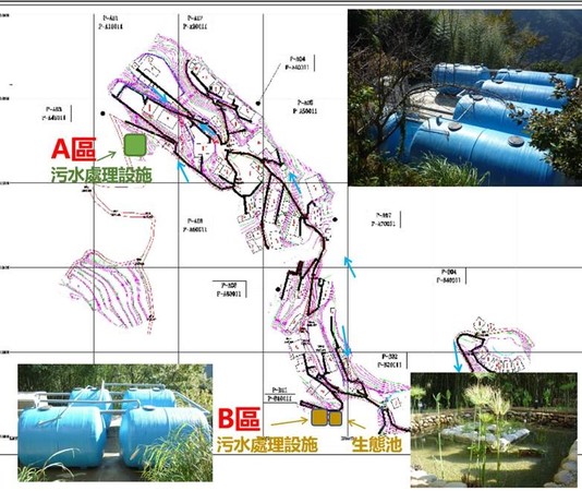 ▲▼司馬庫斯部落A、B區污水處理設施分布圖。（圖／監察院提供）