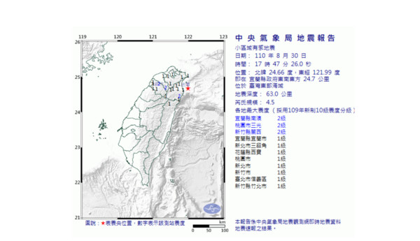 ▲▼宜蘭縣政府東南東方24.7公里海域發生地震。（圖／翻攝自中央氣象局「地震測報中心」）