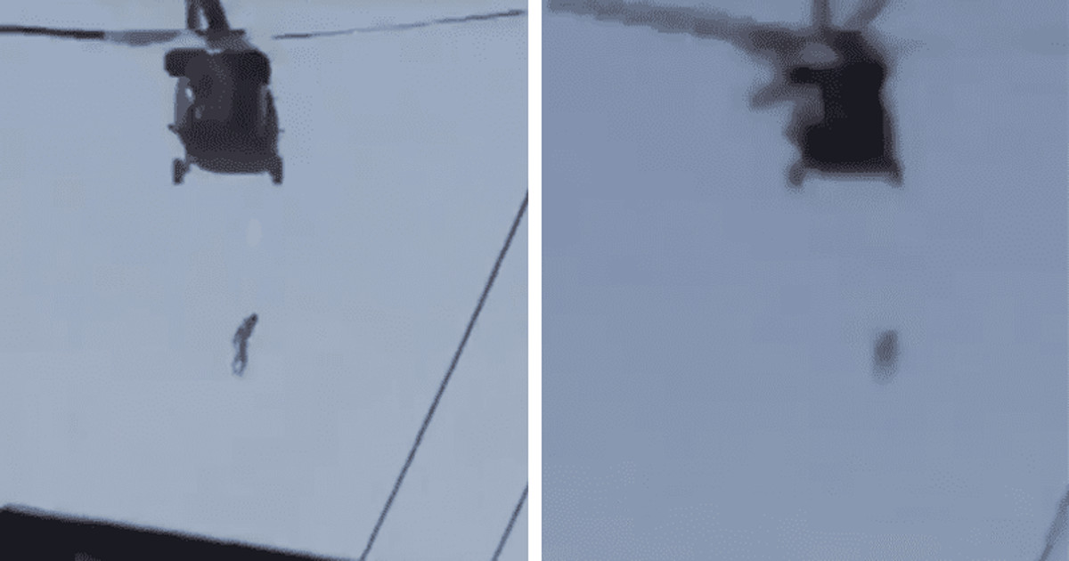 ▲▼塔利班聲稱駕駛黑鷹直升機在坎大哈巡邏，其中有一人被以繩子懸吊在半空中。（圖／翻攝自Twitter@TalibTimes）