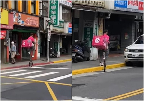 有一名熊貓外送員騎著高難度的單輪車，在指南路三段附近送餐。（翻攝臉書「路上觀察學院」）