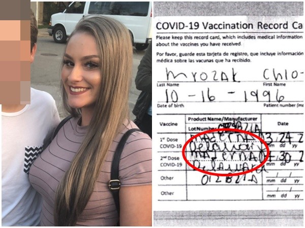 ▲▼美國24歲克蘿伊偽造疫苗卡被逮。（圖／翻攝臉書帳號Chloe Mrozak、Twitter@TheTomGeorge）