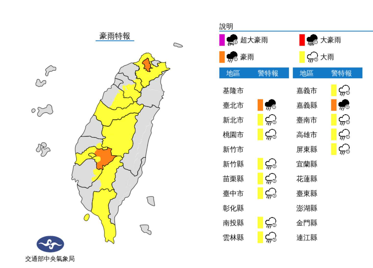 ▲氣象局發布大雨特報及大雷雨訊息。（圖／氣象局）