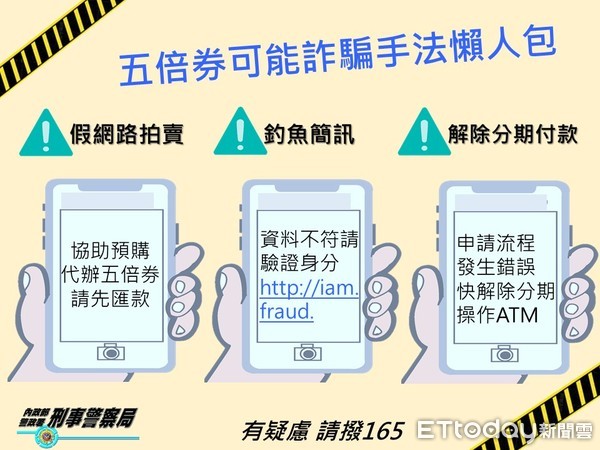 ▲▼5倍券還沒上路，詐騙集團就蠢蠢欲動，刑事局祭3詐騙手法籲民眾勿受害。（圖／記者邱中岳翻攝）