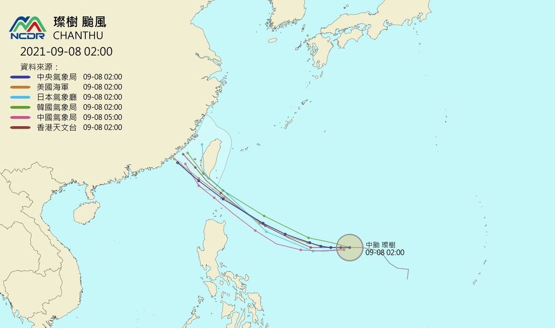 ▲各國預測颱風璨樹路徑。（圖／NCDR）