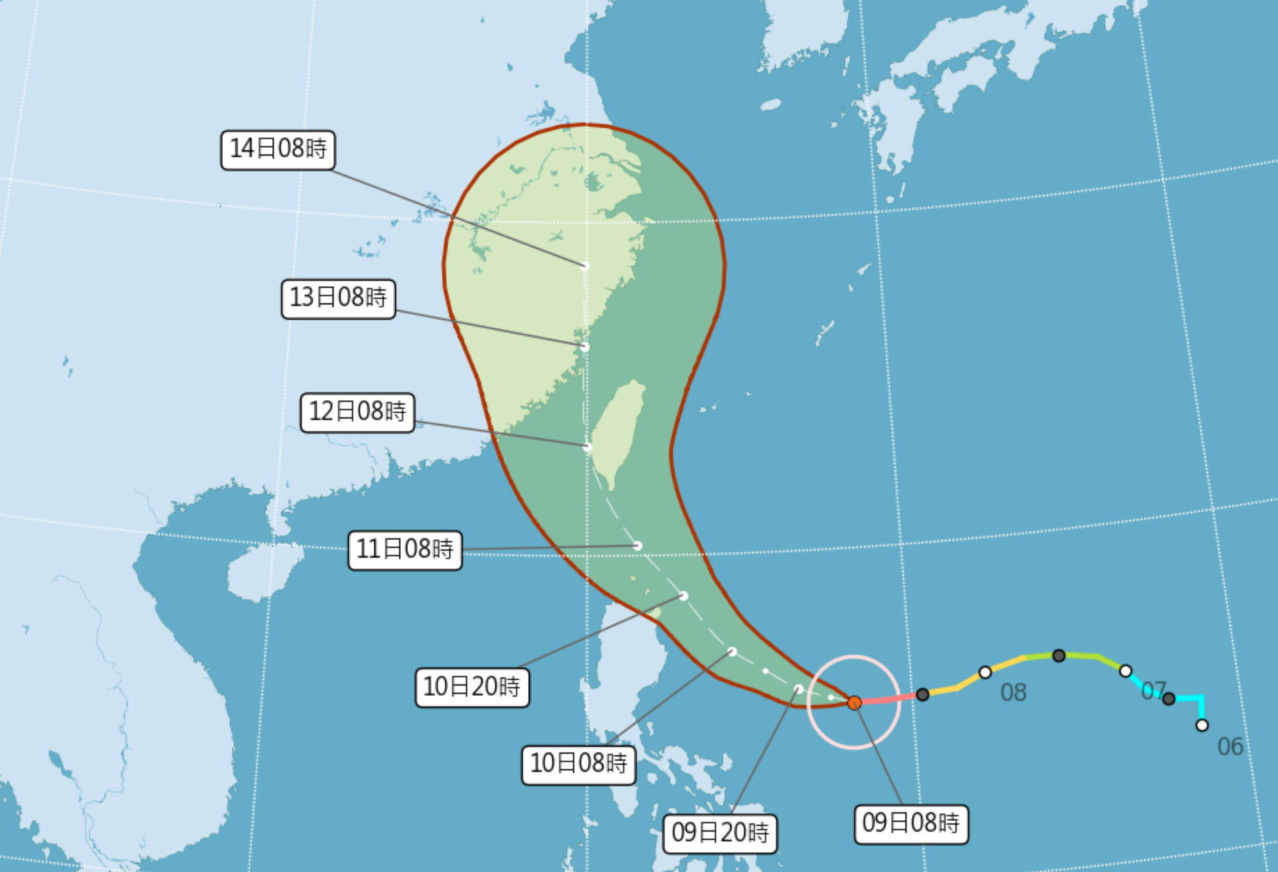 ▲▼璨樹颱風路徑修正，不排除登陸機會。（圖／氣象局）