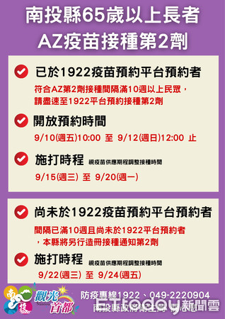 ▲南投縣65歲以上長者AZ疫苗接種第二劑即將開打。（圖／南投縣政府提供）