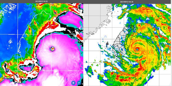 ▲▼今(12日)晨4：20衛星雲圖仍可見清晰的颱風眼(左圖)，4：30雷達回波亦顯示其結構完整(右圖)。（圖／翻攝三立準氣象· 老大洩天機）