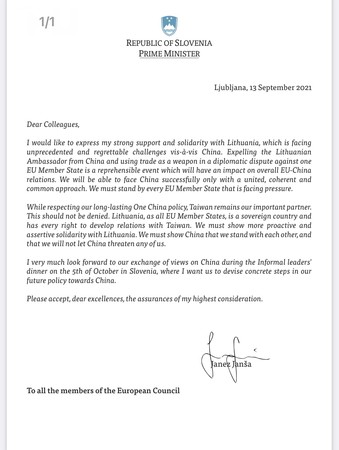 ▲▼斯洛維尼亞總理楊薩（Janez Jansa）13日致函歐盟27國領導人，對於立陶宛遭受史無前例來自中國的挑戰，除表達力挺立陶宛之意，同時強調即使有「一中政策」，台灣仍是歐盟的重要夥伴。（圖／翻攝自Finbarr Bermingham推特）