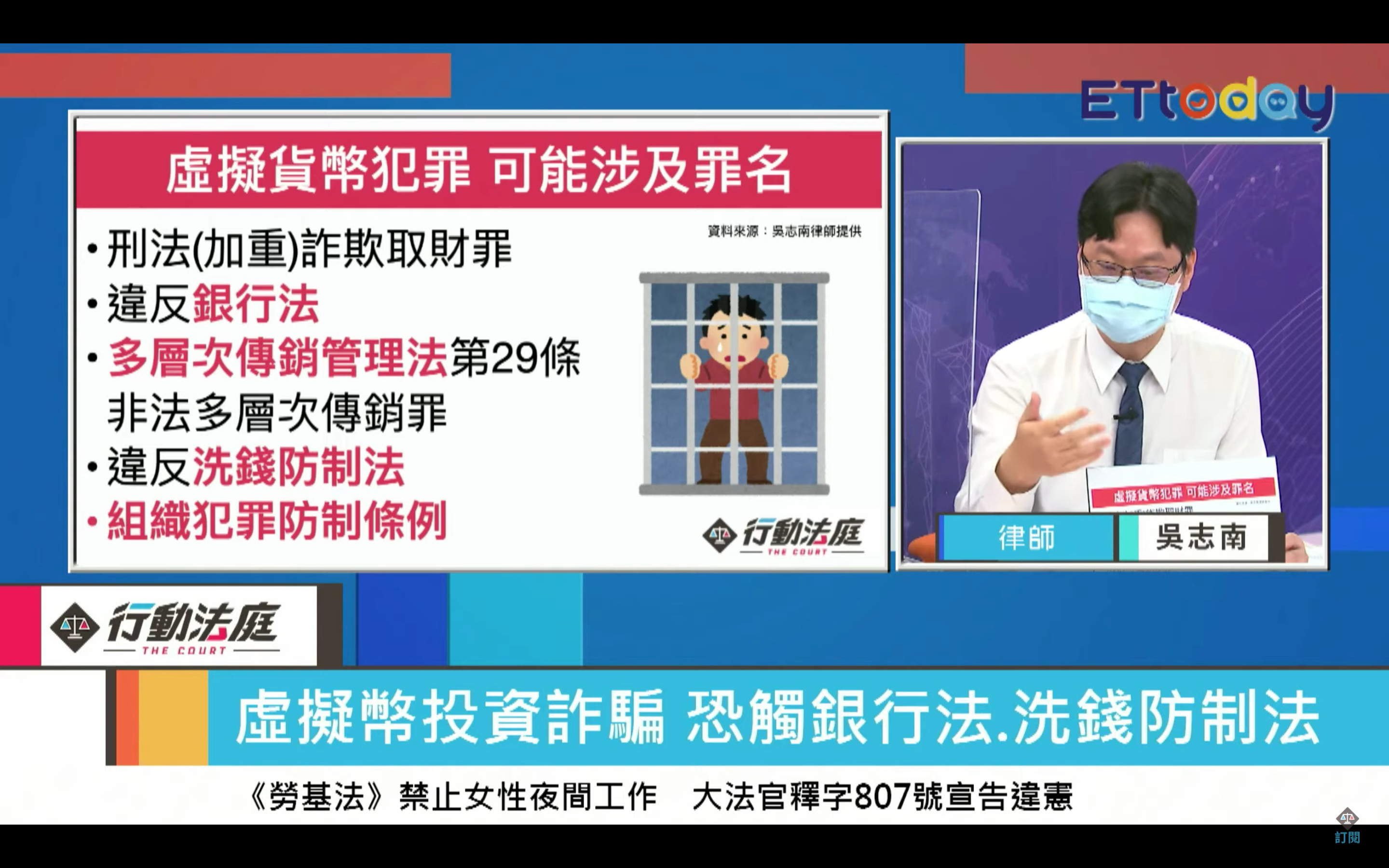 吳志南律師補充說，若是在傳銷幣詐騙的情形，有機會適用《多層次傳銷法》第29條「非法多層次傳銷罪」。此外，依據最新修法的《組織犯罪防制條例》，詐騙組織「發起人」也有機會適用該條