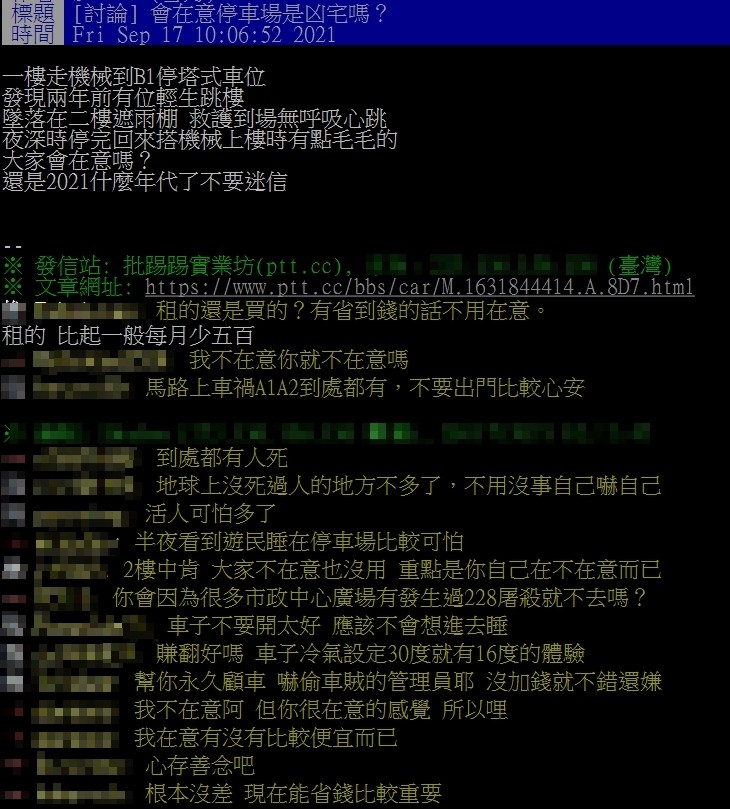 ▲▼會在意停車場是凶宅嗎？（圖／翻攝PTT）