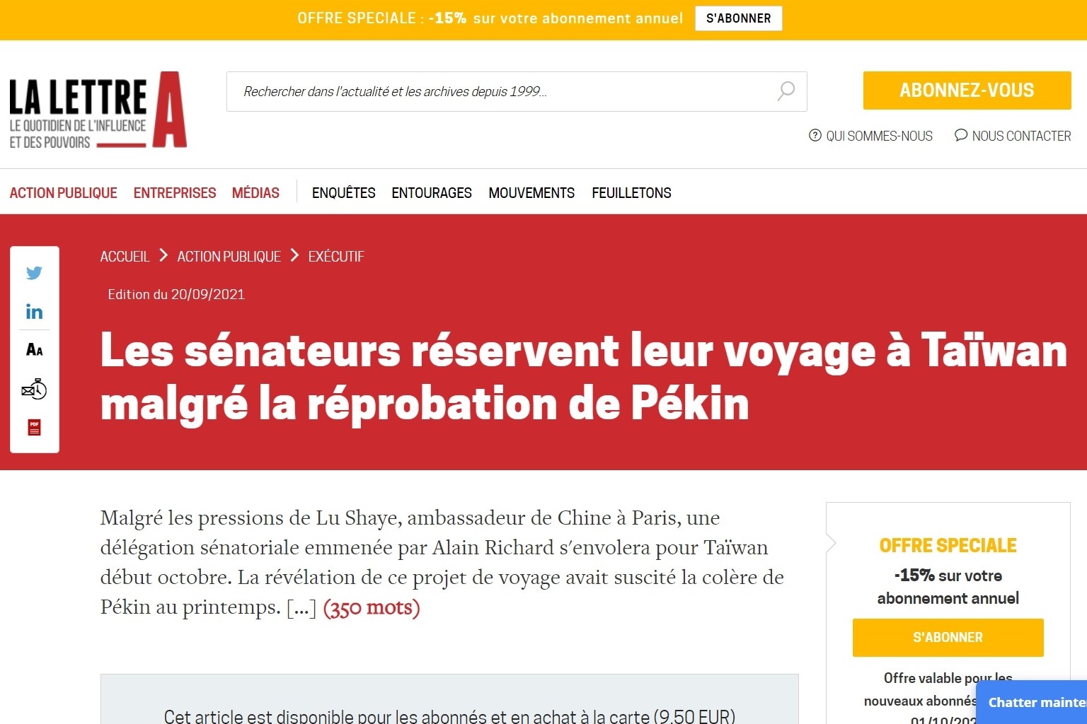 ▲▼法國網路媒體「字母A」（La Lettre A）指出，參議院友台小組主席李察率領的議院參訪團已確定於10月初訪台。（圖／翻攝自lalettrea）