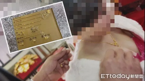 ▲嫁妝金飾遭竊的鍾姓人妻，帶著6年前的結婚照，高興的到警局認領回8件金飾。（圖／記者黃孟珍翻攝）