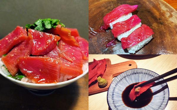 日本有網友分享將火龍果果皮做成像鮪魚生魚片樣子，引起許多人都嘗試挑戰各式鮪魚生魚片料理，多數都大讚好吃。（圖片翻攝推特@mao_mao_game／@Mushi_Kurotowa／@soyamax）