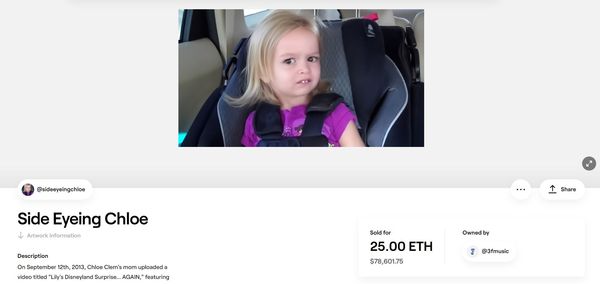 ▲▼美國3歲小女孩克羅伊（Chloe Clem）迷因圖「Side Eyeing Chloe」以7萬8600美元（約新台幣217萬元）高價賣出。（圖／翻攝自foundation.app網站）