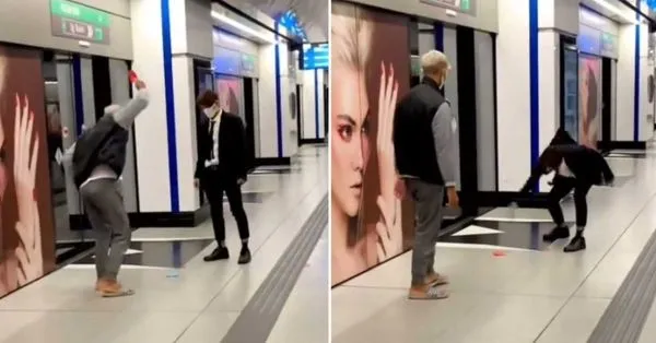 ▲▼馬來西亞捷運站內驚見2名男子正在模仿《魷魚游戲》中的打畫片比賽。（圖／翻攝自TikTok／syazwanevans）