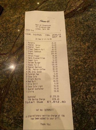 網友公布「撒鹽哥」倫敦餐廳驚人的收費明細。（翻攝Franciscodgf推特）