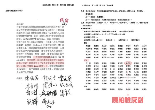 ▲▼國民黨團提案擴大疫苗採購，陳柏惟投下反對票。（圖／林為洲辦公室提供）