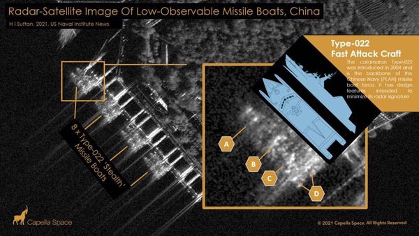 ▲美軍事專家展示SAR雷達拍下的解放軍海軍022型飛彈艇泊港照片。（圖／翻攝USNI網站）