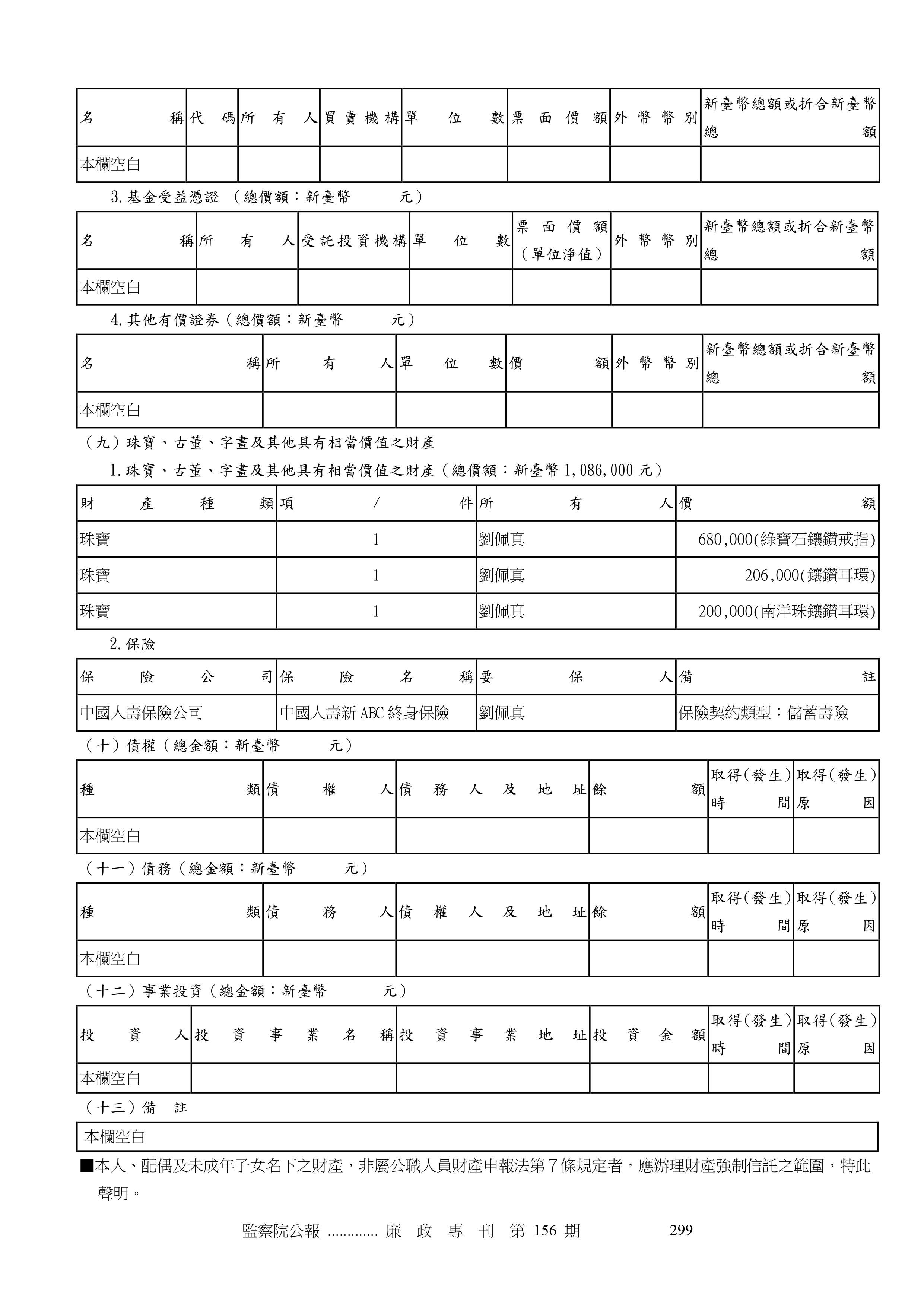 ▲▼朱澤民2020年11月1日申報的「公職人員財產申報表」。（圖／翻攝自監察院廉政專刊網站）