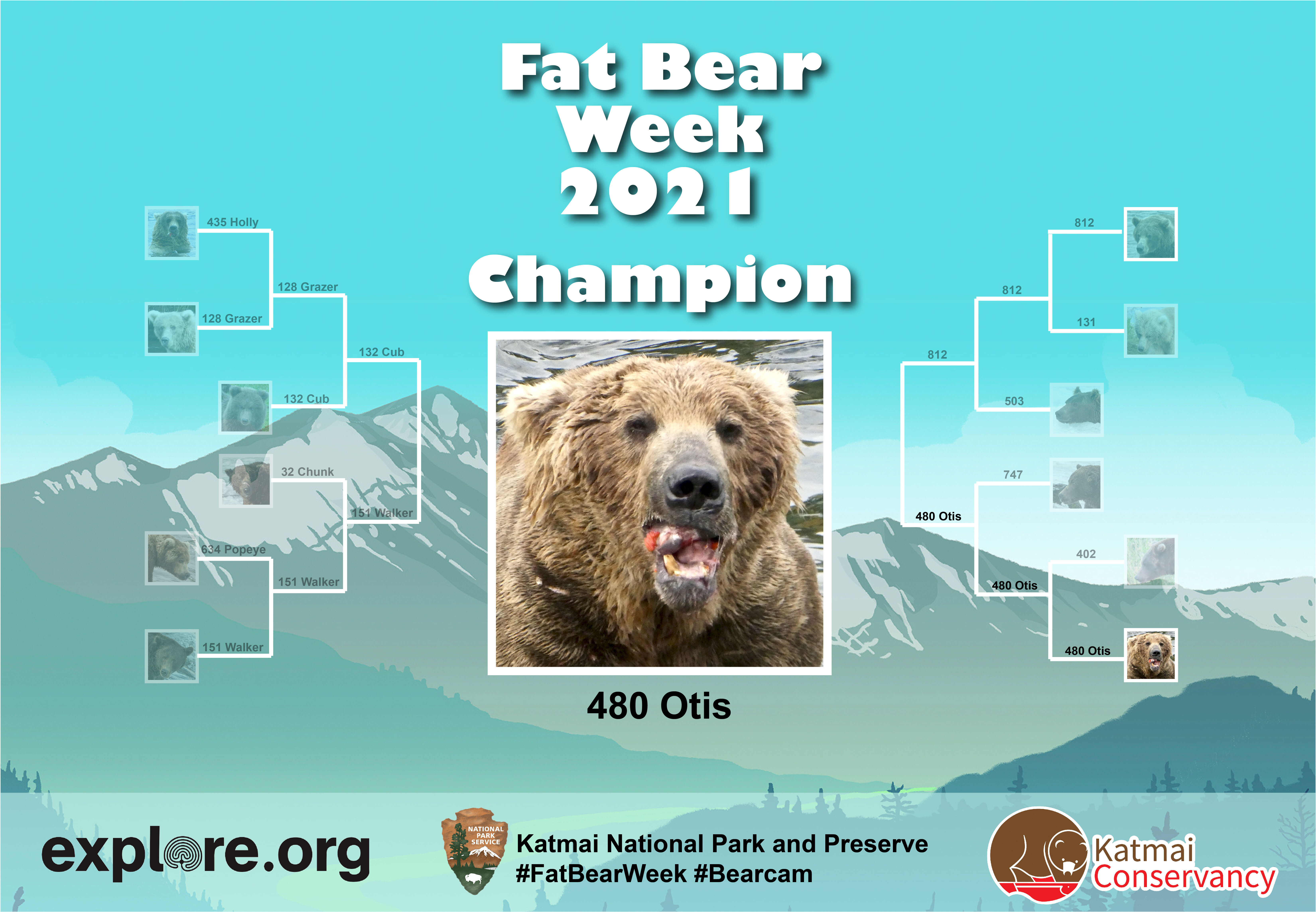▲▼ 480號棕熊歐提斯（Otis）奪下卡特邁國家公園（Katmai National Park）2021年「最胖熊王」比賽冠軍。（圖／explore.org）