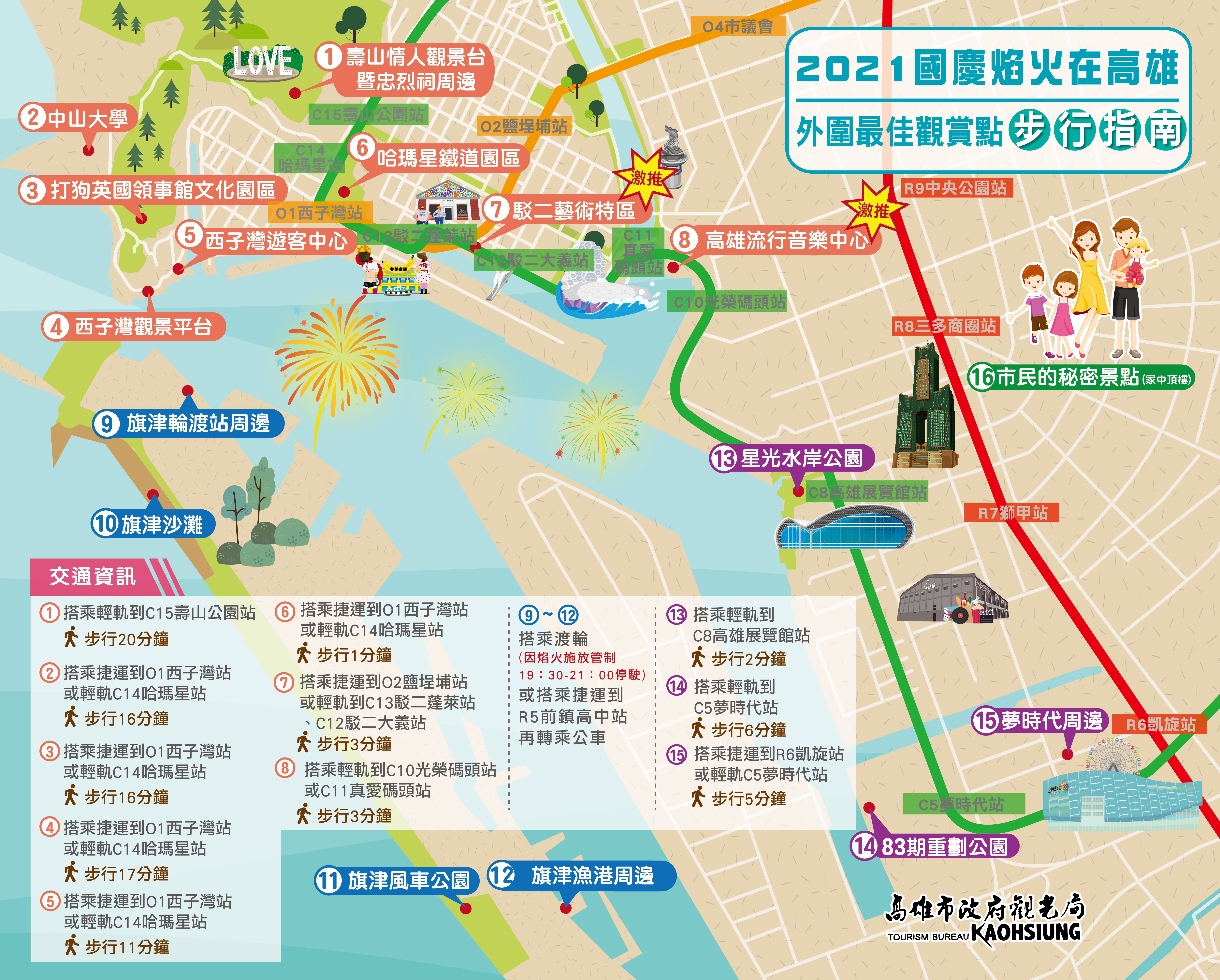 ▲15最佳觀賞點步行路線指南。（圖／高雄市政府）