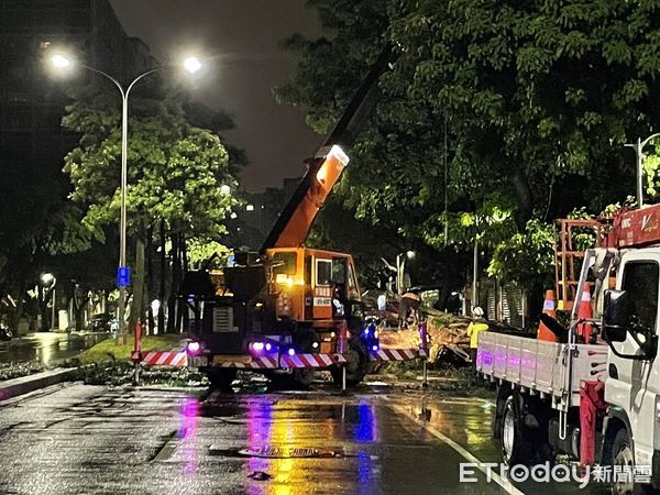 ▲11日晚間松山區健康路198號有路樹倒塌、警消到場救出車上兩人。（圖／記者張君豪翻攝）