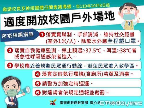 ▲台南市長黃偉哲表示，台南市將加開大型的疫苗施打站，以公布校園戶外場地及操場的開放與相關防疫措施。（圖／記者林悅翻攝，下同）