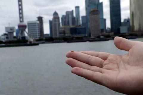 ▲大陸藝術家楊燁炘將500克黃金打造的1000粒純金米丟進上海黃浦江等地，諷刺糧食浪費。（圖／翻攝北青網）