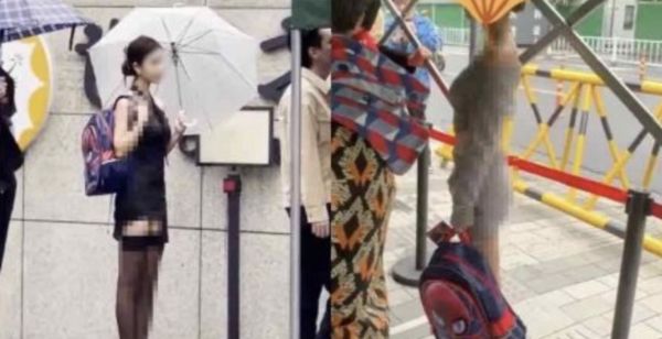 ▲杭州一女子穿著性感在幼兒園校門口擺拍。（圖／翻攝微博）