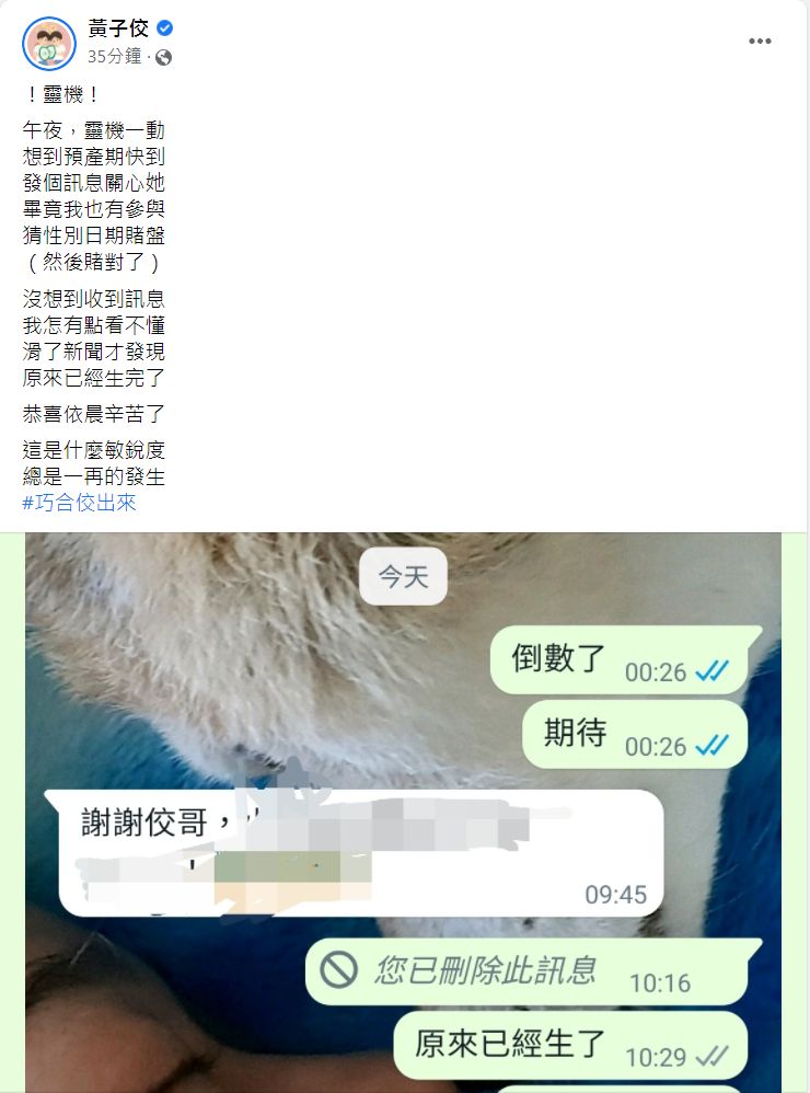 ▲黃子佼洩與林依晨對話截圖。（圖／翻攝自Facebook／黃子佼）