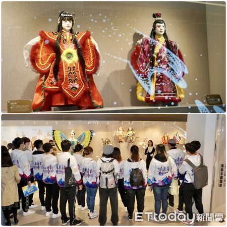▼上海木偶劇團解說員向同學介紹包括台灣布袋戲偶在內的各種皮偶、木偶。（圖／記者趙禕攝）