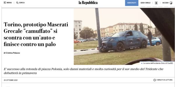 ▲瑪莎拉蒂Grecale測試車撞車 。（圖／翻攝自La Repubblica）