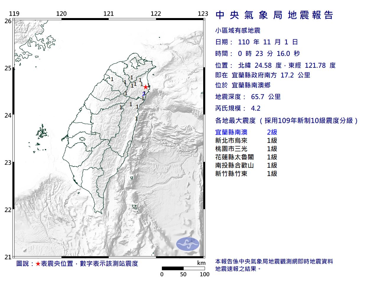 ▲▼快訊／宜蘭00:23發生規模4.2地震　網傻：還以為是頭暈。（圖／氣象局）