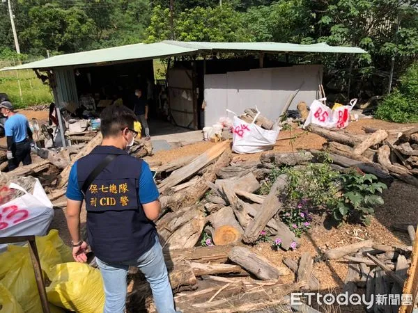 ▲保七總隊在南投縣水里郊區工廠查獲湯姓業者非法收購漂流檜木。（圖／記者張君豪翻攝）