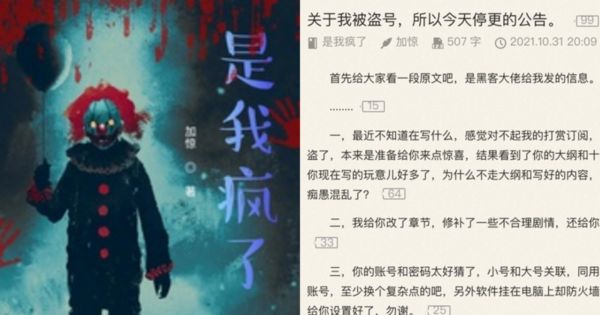 中國網路小說《是我瘋了》被「看不下去」的讀者盜帳號，並修改劇情、大綱。（翻攝自起點中文網）
