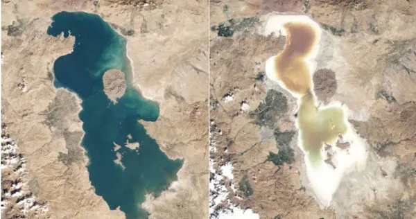 烏爾米耶湖40年來變化。（圖／USGS/NASA Landsat）