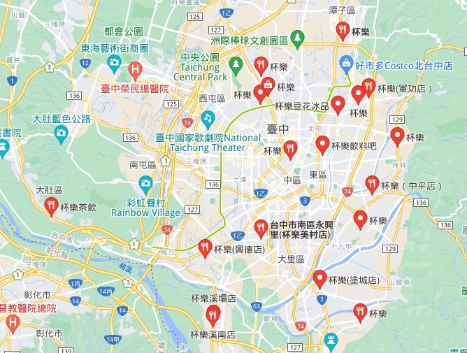 ▲▼杯樂分店據點大多位在台中市。（圖／翻攝自Google Maps）
