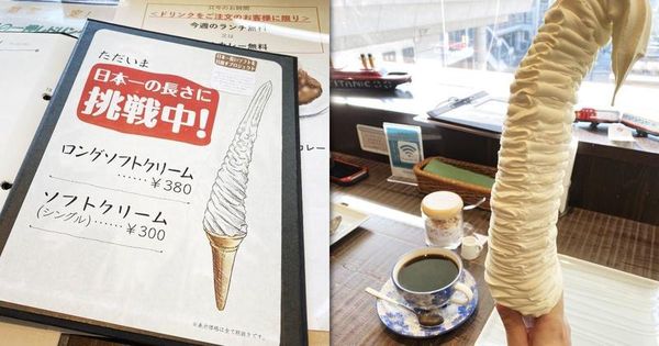 日本秋田縣一家咖啡店，推出要挑戰日本第一長的霜淇淋，被顧客分享到推特爆紅。（圖片翻攝推特＠estrella226273）
