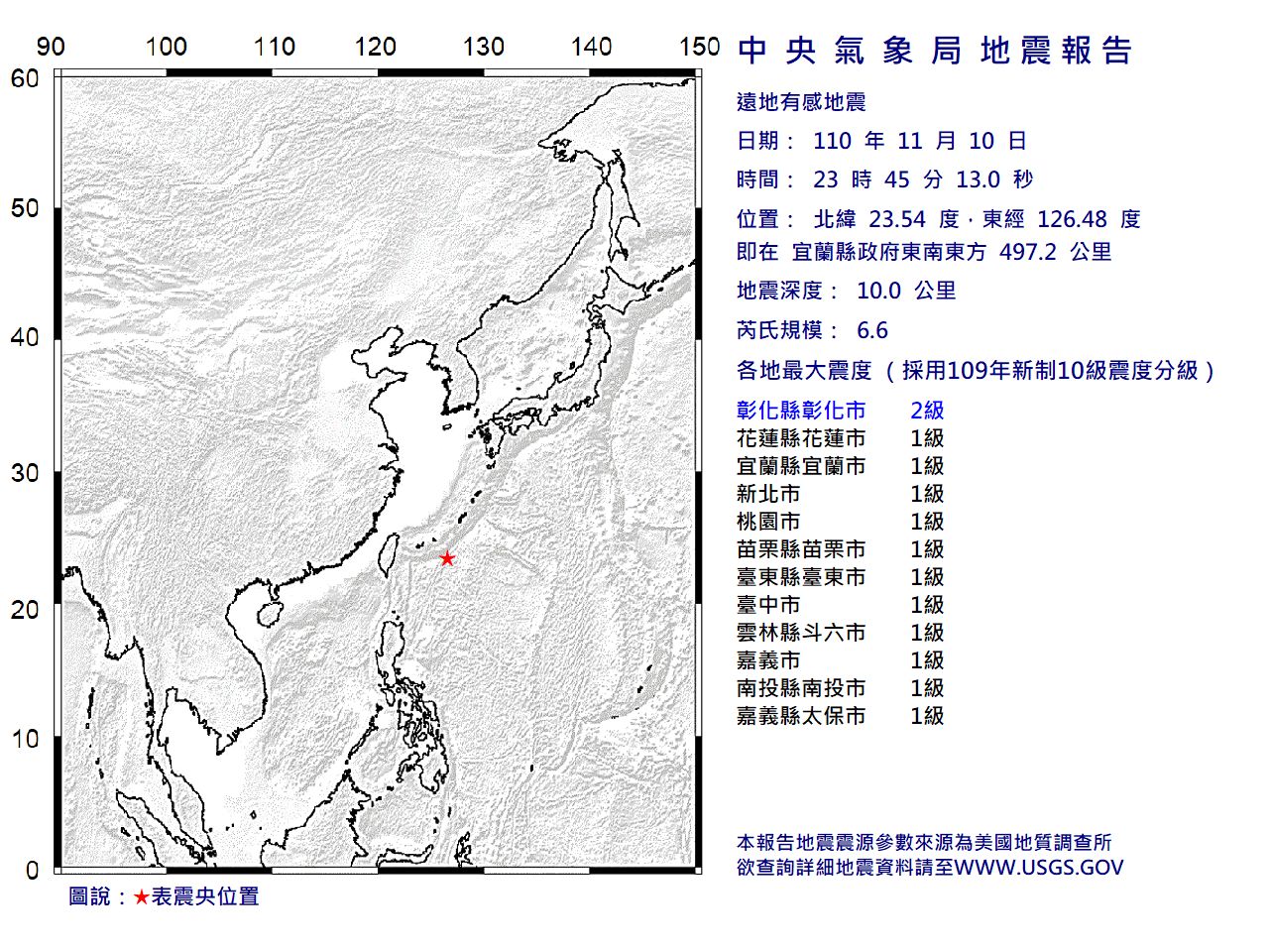 ▲▼深夜地牛翻身！宜蘭外海23：45發生規模6.6地震。（圖／氣象局）