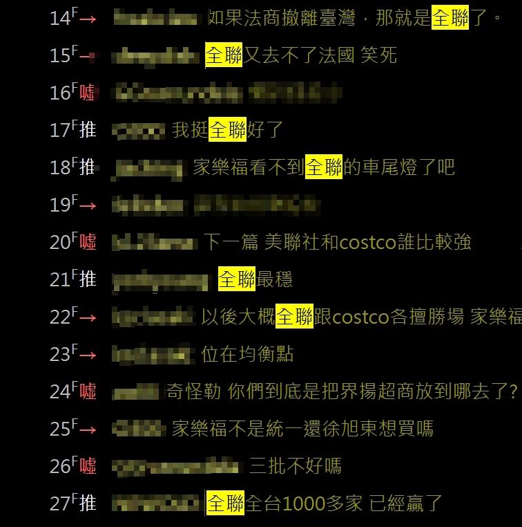 ▲▼全聯與家樂福，誰會是最後霸主？話題引網友熱議。（圖／翻攝自批踢踢）